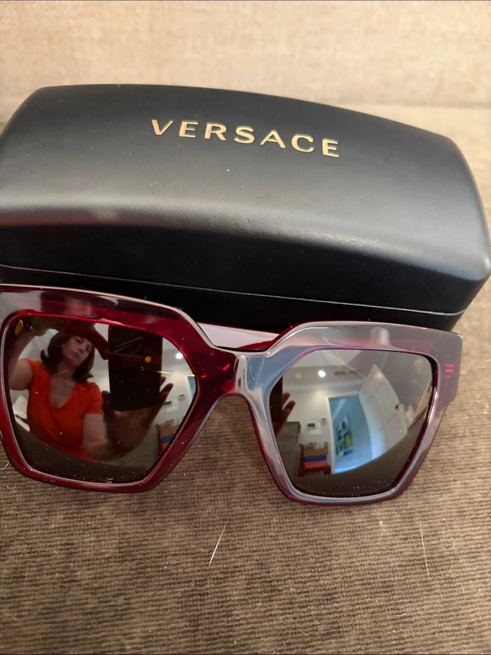 NWT, NIB Versace red sunglasses with Gold Medusa Logo